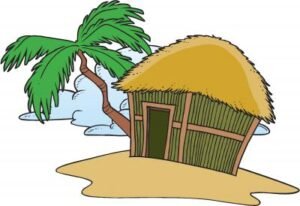 a comic style drawing of a hut with a palm tree behind it.
