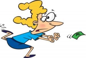 a woman chasing a dollr bill floating on the wind. comic style drawing.