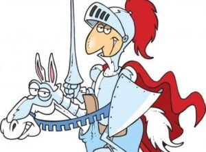 comic style drawing of a man wearing a suit of armor while riding a horse