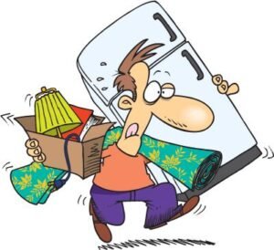 a guy moving including carrying a fridge. Comic style drawing
