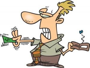 Cartoon style color drawing of a man holding tightly onto a dollar