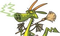 comic style drawing of a dragon holding a broom