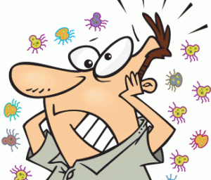 comic style color drawing of a man looking afraid of germs