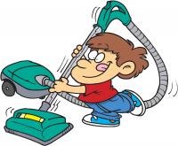 Comic style drawing of a kid using a vacuum cleaner