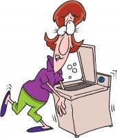 comic style color drawing of a woman reaching into a washing machine and looking weirded out.