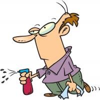 comic style drawing of an unhappy man carrying and spraying a spray bottle