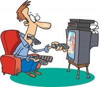comic style color drawing of a man holding several tv remotes.