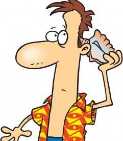 man in swimsuit listening to a sea shell comic style drawing