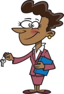 property manager giving someone keys to a home. comic style color drawing.