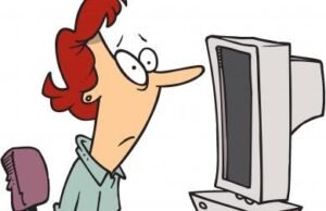 comic style color drawing of a woman looking at a computer screen and looking worried.