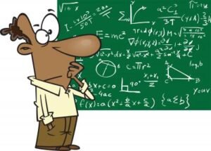 Drawing of a Man looking at a complicated formula on a chalk board