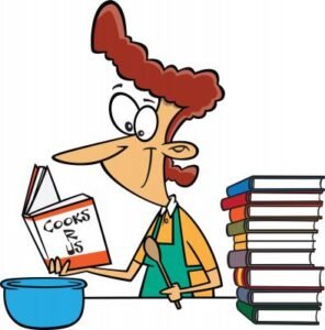 Woman wearing a cooking apron looking at a cookbook - comic style drawing