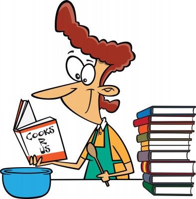 Woman wearing a cooking apron looking at a cookbook - comic style drawing - 4 ways to clean a kitchen