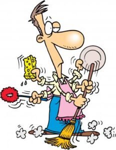 A man cleaning multiple things at one comic style drawing