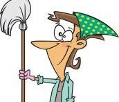 smiling woman holding a mop and bucket - comic style drawing